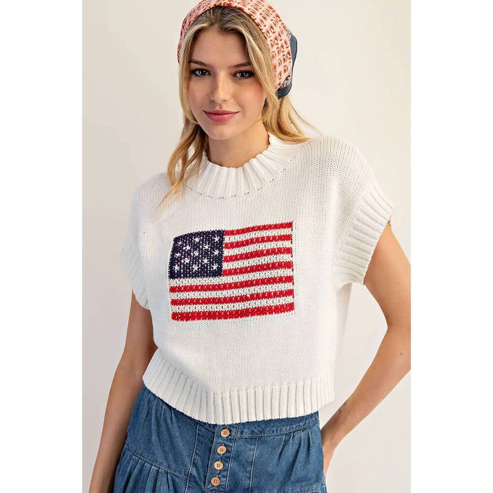 NEW EE:SOME usa flag mock neck top in red multi